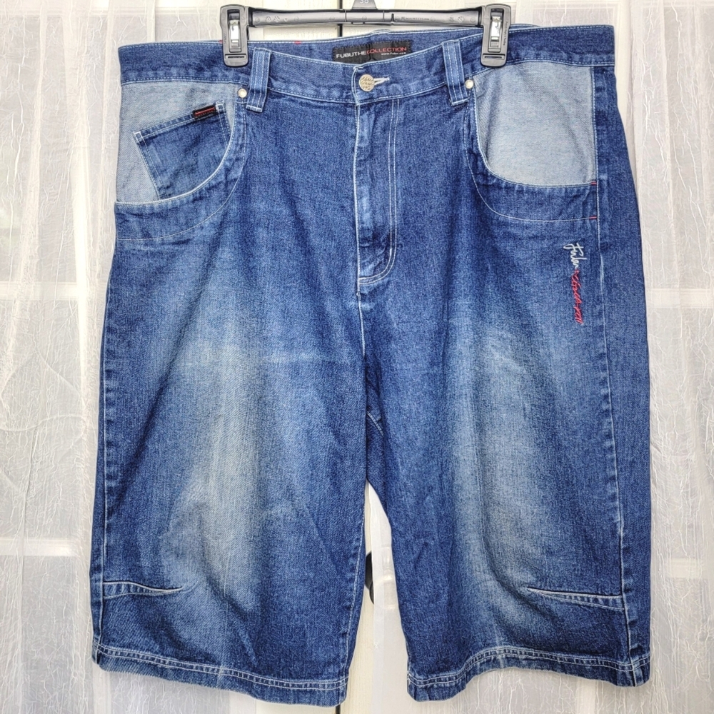 Vintage Y2K FUBU Baggy Denim Jean Shorts Mens Sz 42 Blue 90s Skater Streetwear